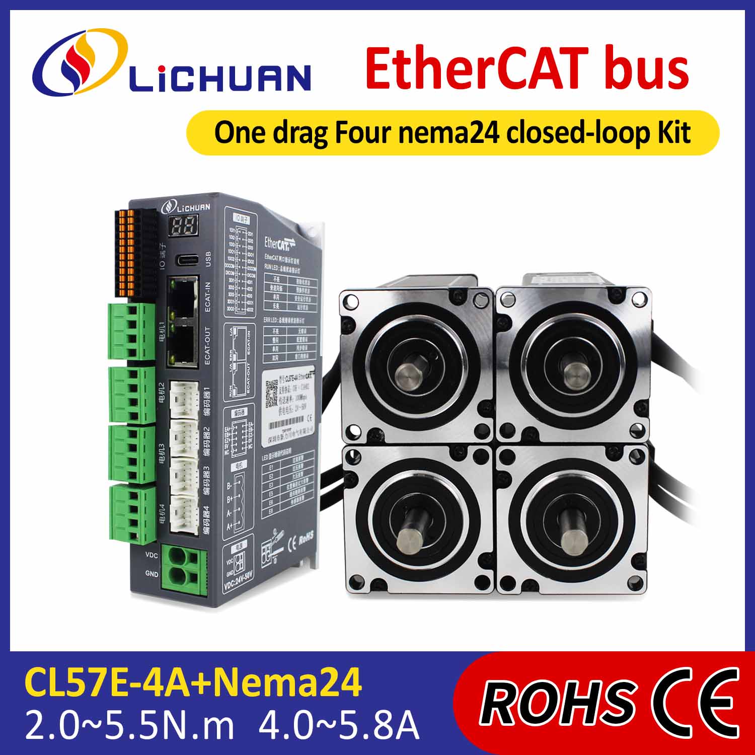 EtherCAT 2Phase Nema24 4-Axis DC Clausa Loop Stepper Motor Coegi Kit