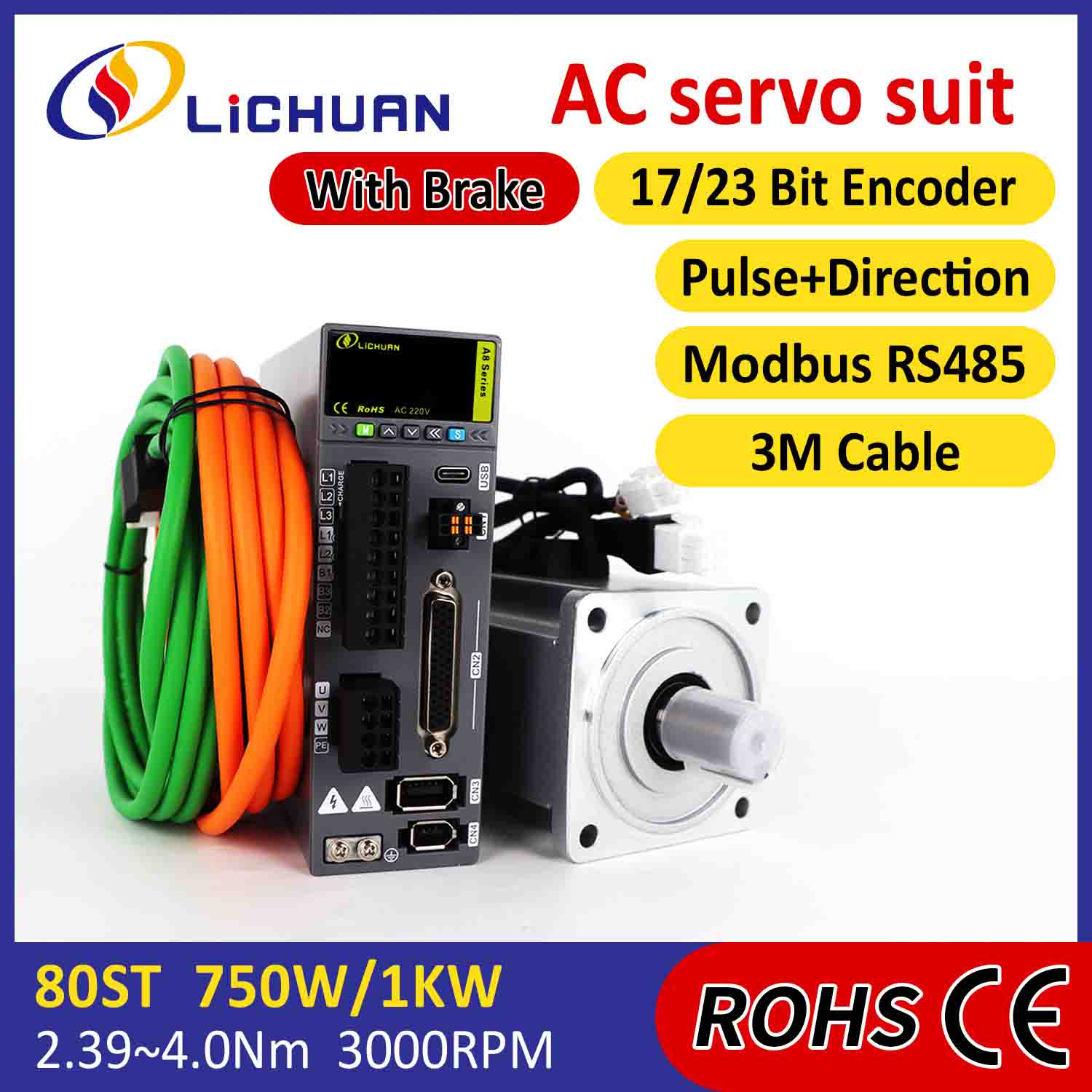 Lichuan AC Servo Motor Coegi Kit A8 High Accuracy STO ABZ 1000W 1KW 3.2N.m 220V 5.8A 2500/3000RPM IP65