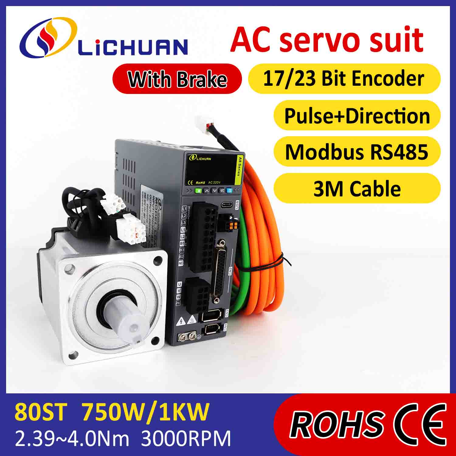 Lichuan AC Servo Motor Coegi Kit A8 High Accuracy STO ABZ 1001W 1KW 4.0N.m 220V 4.6A 2500/3000RPM IP65