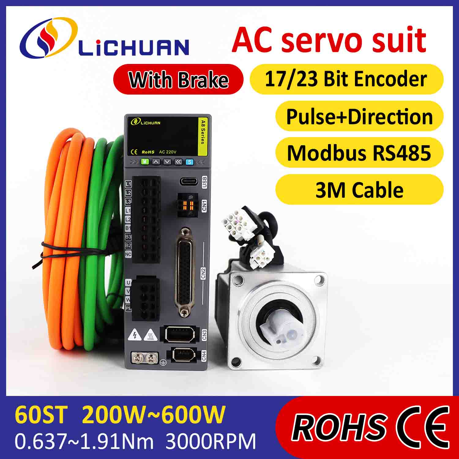 Lichuan AC Servo Motor Coegi Kit A8 High Accuracy STO ABZ 200W 0.637N.m 220V 1.6A 3000RPM IP65