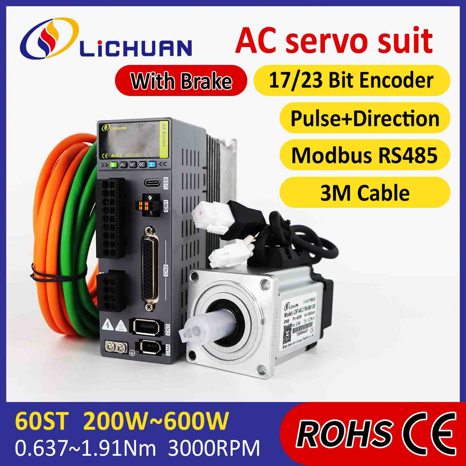 Lichuan AC Servo Motor Coegi Kit A8 High Accuracy STO ABZ 400W 1.27N.m 220V 2.5A 3000RPM IP65