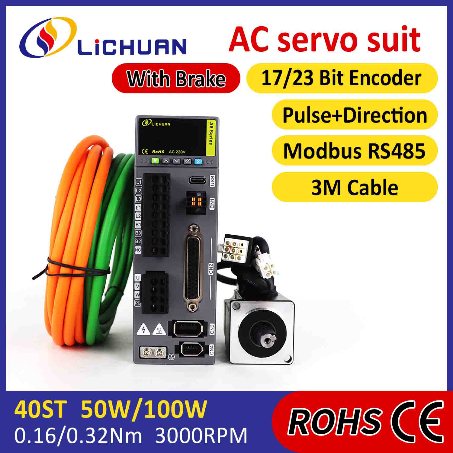 Lichuan AC Servo Motor Coegi Kit A8 High Accuracy STO ABZ 50W 0.16N.m 220V 0.8A 3000RPM IP65