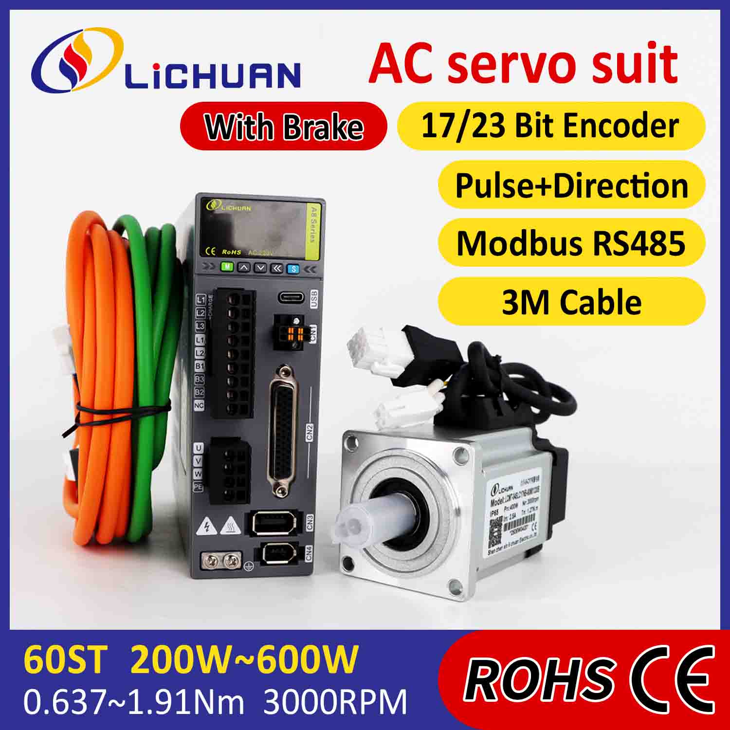 Lichuan AC Servo Motor Coegi Kit A8 High Accuracy STO ABZ 600W 1.91N.m 220V 3.3A 3000RPM IP65