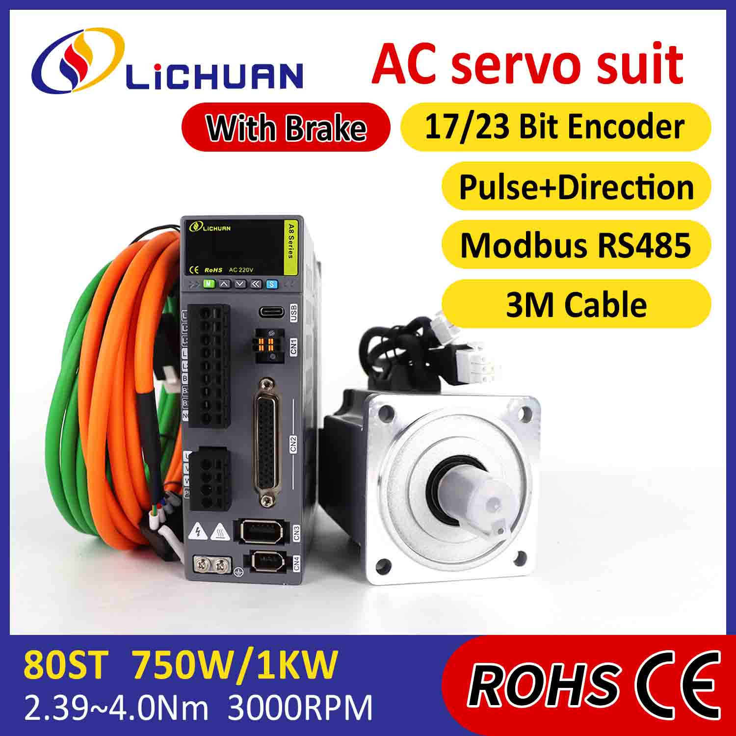 Lichuan AC Servo Motor Coegi Kit A8 High Accuracy STO ABZ 750W 0.75KW 2.39N.m 220V 4.5A 2500/3000RPM IP65