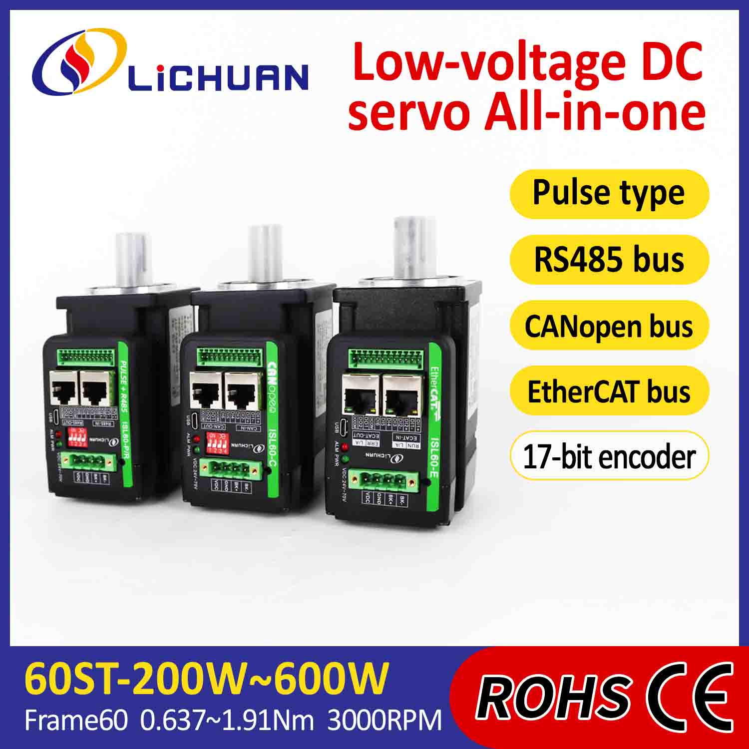 Lichuan Integrated Servo Motors Coegi L informibus 400W 1.27N.m DC24/48V 6.0/10/12/15A 3000RPM IP65