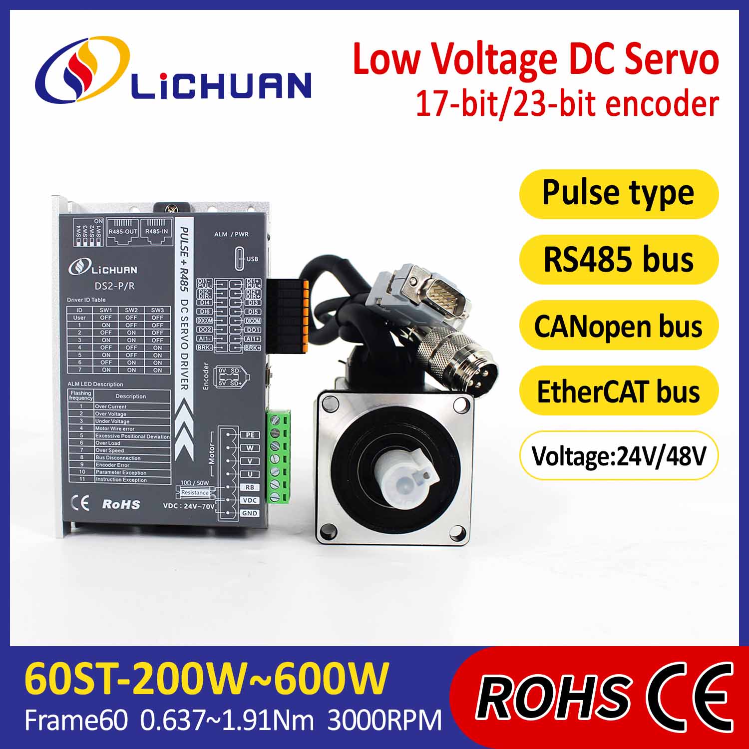 Pulsus/RS485/CANopen/EtherCAT 60 flanged 200W/400W/600W Minimum Voltage DC Servo Motor Coegi Kit